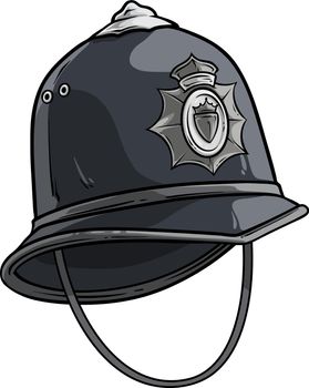 Cartoon gray London police helmet or hat with metal crown badge. Isolated on white background. Vector icon.