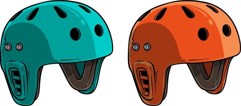 Cartoon colorful plastic protective skateboard or bicycle helmet. Isolated on white background. Vector icon set.