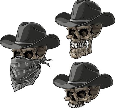 Cartoon detailed realistic colorful scary human bandit skulls from wild west with black hat and scarf. Isolated on white background. Vector icon set.