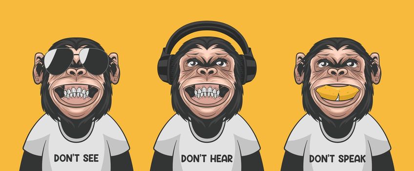 Dont See Dont Hear Dont Speak. Vector Smiling Chimpanzee Ape with Sunglasses, Headphones, Banana, Typography Quote. Funny Monkeys for Wall Art, T-shirt Print, Poster. Cartoon Cute Chimp Monkey.