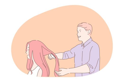 Hairdresser during work, hairstylist brushing hair concept. Young smiling man hairdresser cartoon character brushing and preparing woman clients hair before treatment, cutting or styling in hair salon