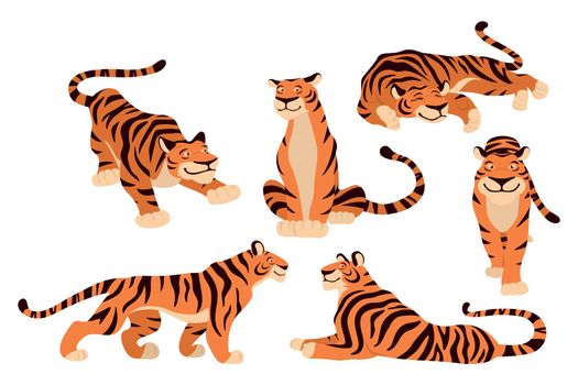 Chinese New Year 2022 Concept. Vector Hand Drawn Tigers for Design. Tiger Icon Set Isolated. Noble Tiger Collection in Flat or Cartoon Style. Happy New Year and Symbol of the Year of Tiger.