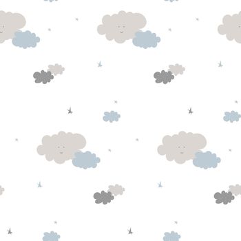 Cloud seamless pattern with blue and grey sky weather elements. Nature atmosphere art illustration for kids fabric and decoration