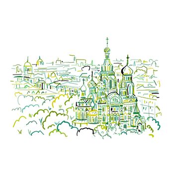 Cathedral of the Resurrection on the Blood, and Church of the Savior on Blood in St. Petersburg, Russia. Vector sketch for your design