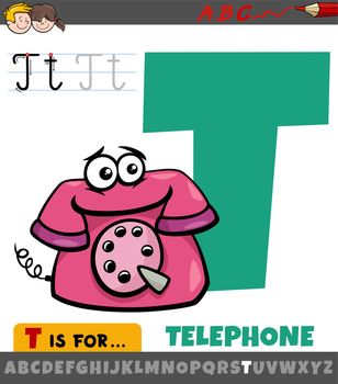 Educational cartoon illustration of letter T from alphabet with obsolete telephone character