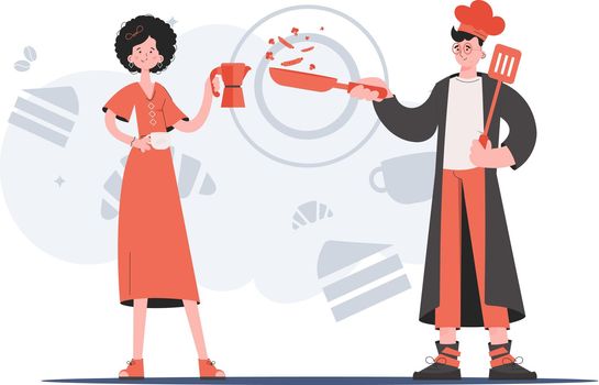 A man and a woman stand in full growth and hold a coffee pot and a frying pan. Cafe. Element for presentations, sites. Vector illustration