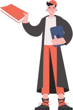 The guy stands in full growth and holds a textbook in his hands. Isolated. Element for presentations, sites. Vector illustration