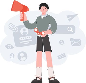A man stands in full growth and holds a loudspeaker in his hands. HR theme. Element for presentations, sites. Vector illustration