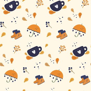 Autumn seasonal vector cozy illustration with orange leaves, umbrella and warm hat and boots. Fall cartoon paint with mug cup with hot beverage
