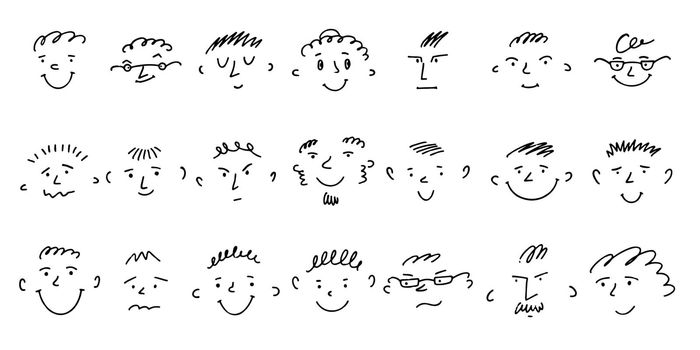 Sketch Funny Faces emotions collection. Childish crayon style drawing different people heads. Vector illustration