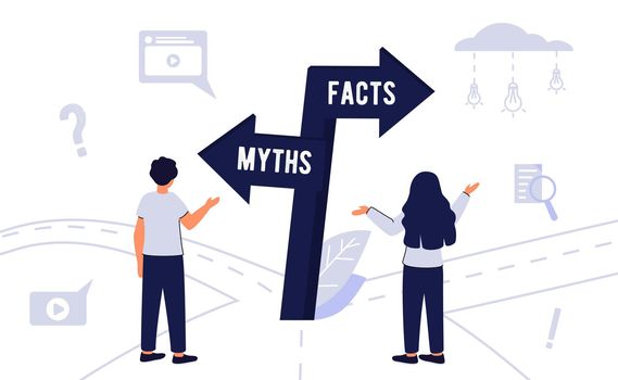 Myths and facts Information accuracy in flat tiny persons concept Businessman and directional sign of facts versus myths Verify rumors scene. Fake news versus trust and honest data source