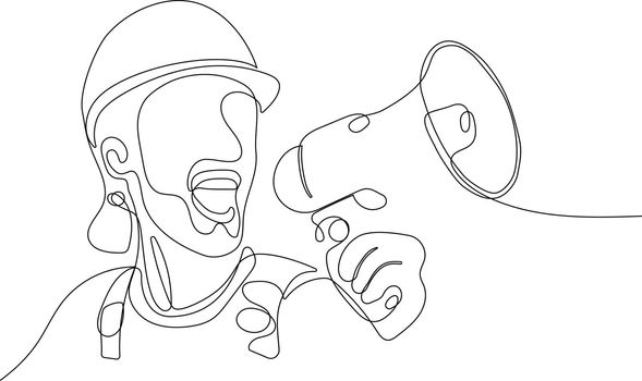 Close up of young Caucasian construction worker with loudspeaker for work while standing in warehouse. Vector illustration