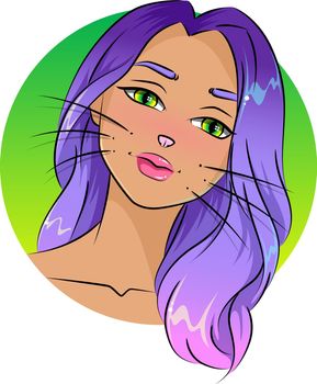 Cartoon Style Kitty Girl Avatar Character with Purple Hair. Vector Illustration
