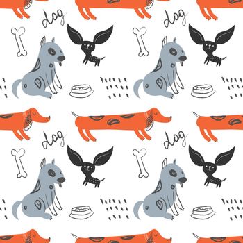 Seamless pattern with cute dogs and bones for kids design, scrapbook paper, wrapping paper.