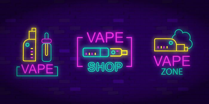 Vape shop neon sign collection vector. Vaping Store Logos set Emblem Neon, Its Vape Shop Concept,. Trendy designer elements for advertising. Vector