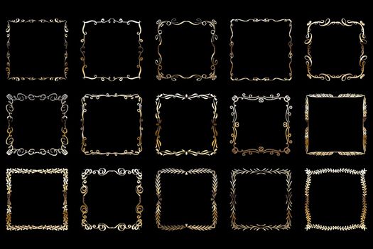 Vector luxury golden frames set. Ornamental shiny golden decorative design elements collection. Vector illustration