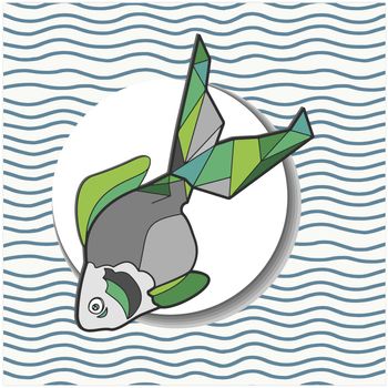 Triangle fish, goldfish, graphic, triangular vector illustration. Sticker with shadow on a striped background. Geometric pop art