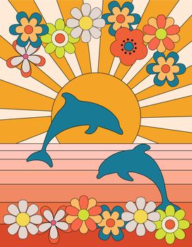 Groovy poster 70s style with sun and dolphins. Retro print with flowers daisy. Vector illustration sunshine and sea