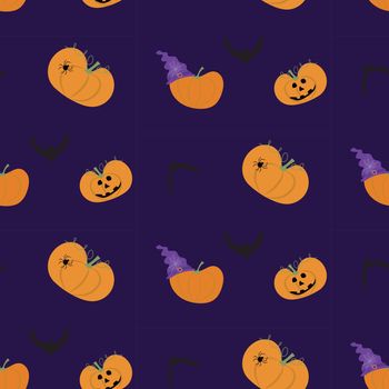 Pumpkins wearing witch hats with bats halloween seamless pattern with violet background. Autumn october holiday paintings for decoration and postcards