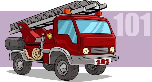 Cartoon red emergency rescue fire department truck with flasher, metal ladder and water hosepipe. On violet background. Vector icon.