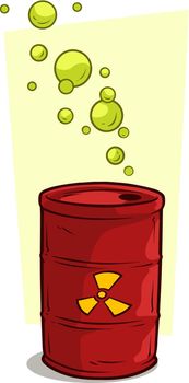 Cartoon red metal barrel with yellow radiation sign and green gas bubbles. Toxic waste. Vector icon.