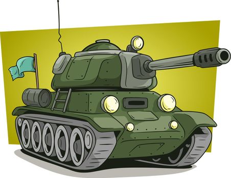 Cartoon green military army large tank with flag on olive background. Vector icon.