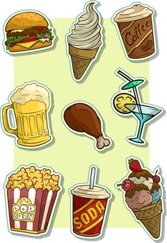 Cartoon fast food and drinks stickers. Pop art. Burger and soda. Beer and coffee. Ice cream and popcorn. Vector icons set.
