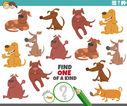 Cartoon illustration of find one of a kind picture educational task with dogs animal characters