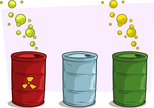 Cartoon coloful metal barrel with yellow radiation sign and green gas bubbles. Toxic waste. Vector set icon.