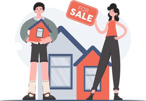 A man and a woman are standing in full growth showing a house for sale. House sale. Flat style. Element for presentations, sites. Vector illustration