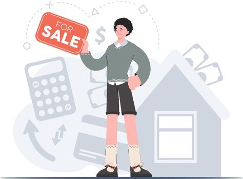 A man stands in full growth holding a sign about the sale. Property For Sale. Flat style. Element for presentations, sites. Vector illustration