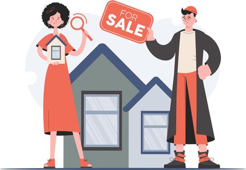 A man and a woman are standing in full growth, looking for an apartment to rent. Property search. Flat style. Element for presentations, sites. Vector illustration