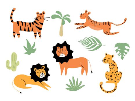 Cartoon cats vector set. Illustration of jaguar, leopard, lion, tiger on a white background.