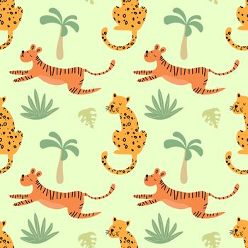 Vector hand-drawn seamless repeating color childish pattern with wild cats, plants and palms in flat style on a white background. Print with tigers and jaguars. Jungle animals.