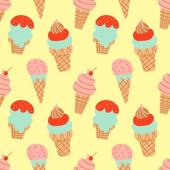 ice cream cone, waffle seamless pattern Creative vector on yellow background for fabric, textile stock illustratio