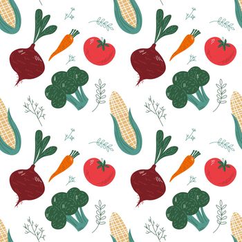 Seamless pattern with hand drawn colorful doodle vegetables. Sketch style vector set. Vegetables flat icons set carrot, tomato.
