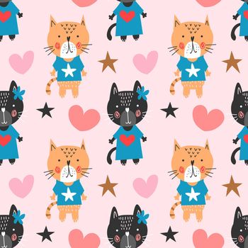 Sweet childish seamless pattern with cats in vector. Seamless pattern can be used for wallpapers, pattern fills, web backgrounds,surface textures. Lovely childish wallpaper