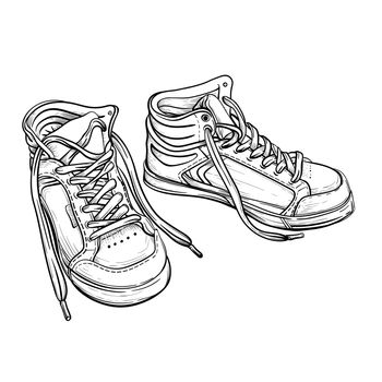 Hand drawn sketch sneakers. Vector illustration. A pair of sports shoes, a contour line art isolated on a white background.