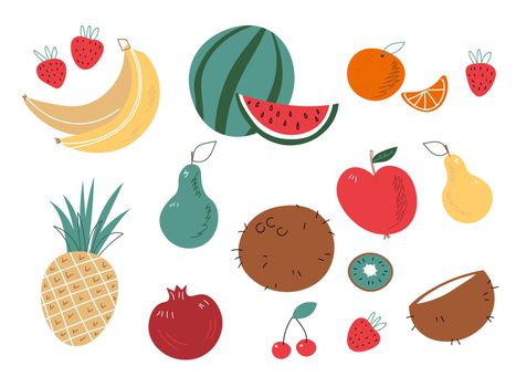 Doodle fruits. Natural tropical fruit, doodles citrus orange and vitamin lemon. Vegan kitchen apple hand drawn, organic fruits or vegetarian food. Vector isolated icons illustration set