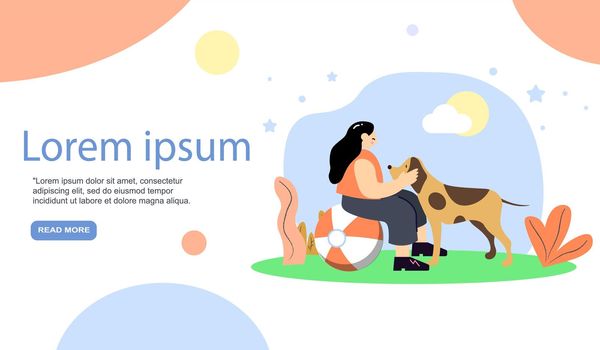 Dog landing concept with girl in park with dog. Woman enjoy spending time outdoors communicating with pet. Cartoon flat vector illustration