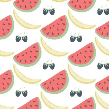 Summer fruit seamless pattern vector. Watermelons and melon print for textiles, paper and design. Fruit exotic tropical background