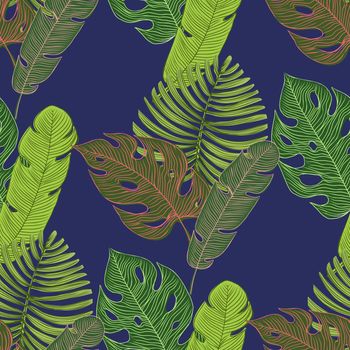 Vector Tropical Leaves Hand drawn Seamless Pattern. Paradise Botanical Textile or Wrapping paper and Wallapaper Surface Design. Vector illustration