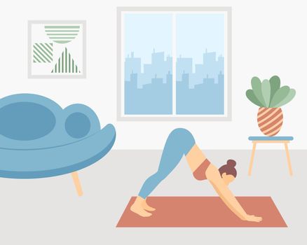 Yoga woman engaged in flat on mat vector. Pilates and yoga at home. Exercises for health and beauty. Downward facing dog pose