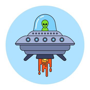 an alien flies on a flying saucer in the night. flat vector illustration.