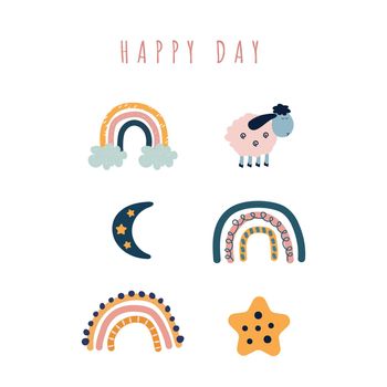 Rainbow, moon and star vector cartton paintings with text happy day for postcards. Beautiful trendy weather drawings for kid baby child space decoration