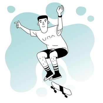 Skateboarding teenager boy. Vintage black and white cartoon spot illustration of male skater. Teal color blob background.