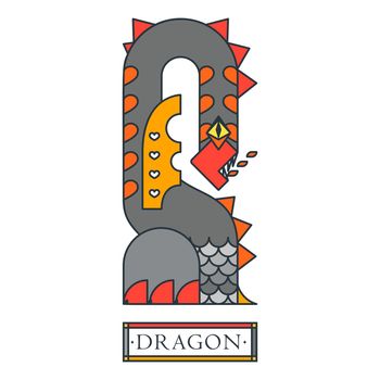 Fantastic dragon creature. Medieval legendary winged dragon. Red yellow black art illustration