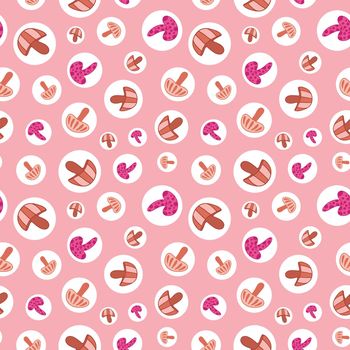 Small pink mushrooms and bubbles seamless pattern