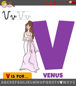 Educational cartoon illustration of letter V from alphabet with Venus Roman goddess character