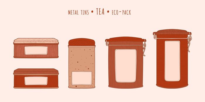 Tea vintage metal tins with clip lid in the hand-drawn technique